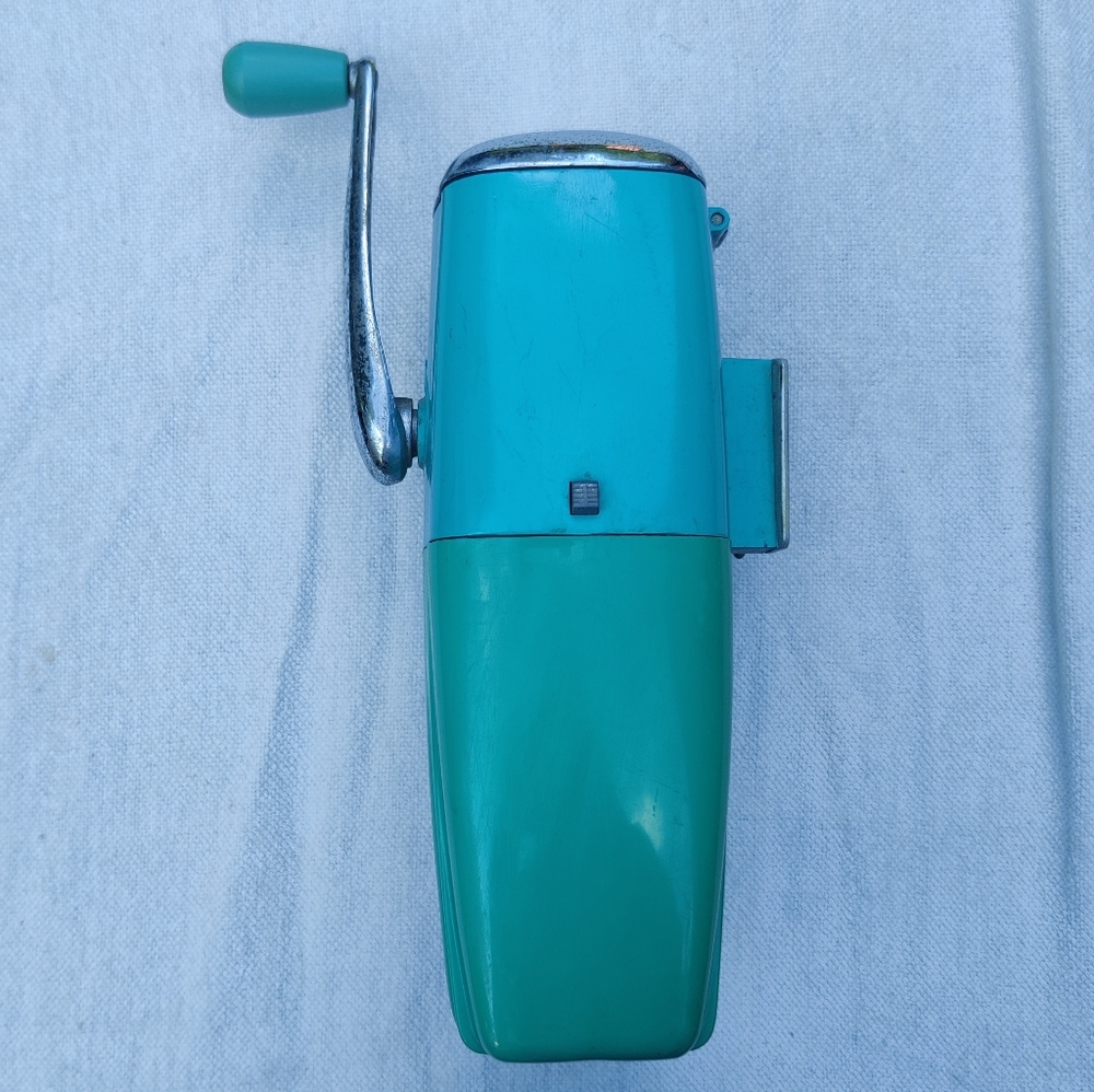 1950s Rival Ice-O-Matic Ice Crusher Blue Turquoise Hand Crank Wall Mounted 50s
